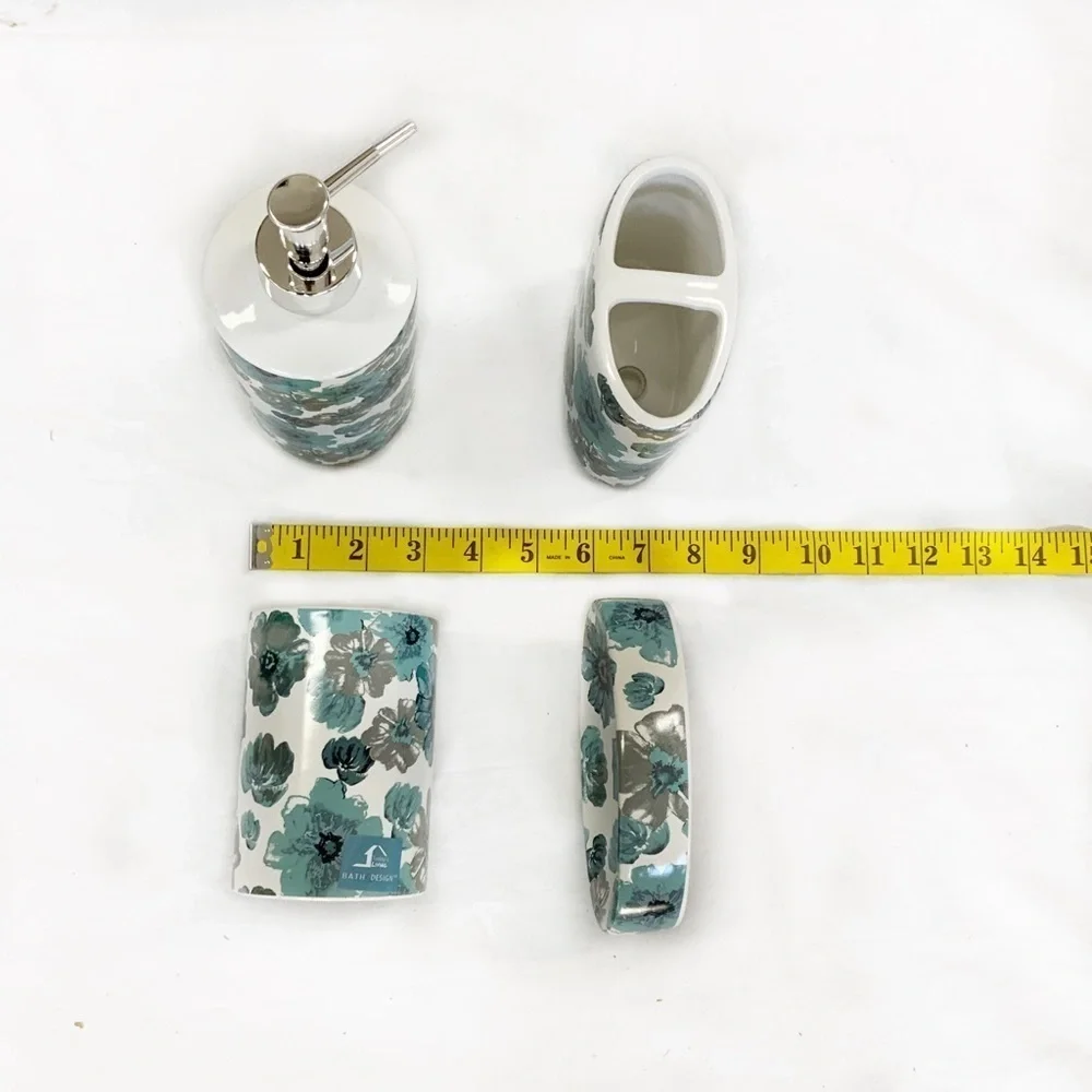 Floral Bath  Accessory Ceramic Set Sun Splash Collection White Blue 4 Piece Set